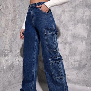 High Waisted Straight Leg Cargo Jeans.